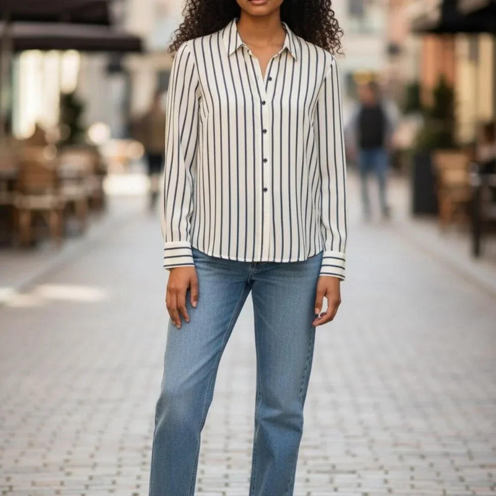(B-64)Jolt Women’s Striped Button Down Blouse‎ Size L Blue White Long Sleeve Top
